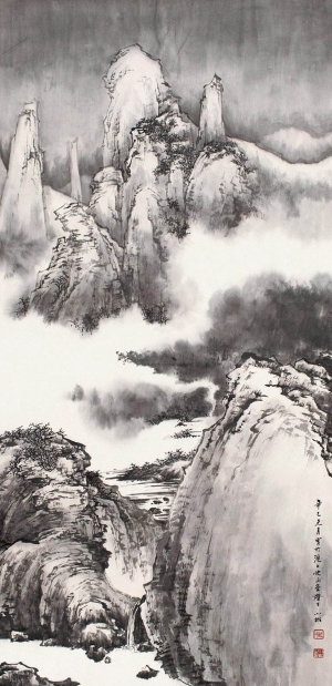 中式山水画背景壁纸墙布壁画-ID:345434901
