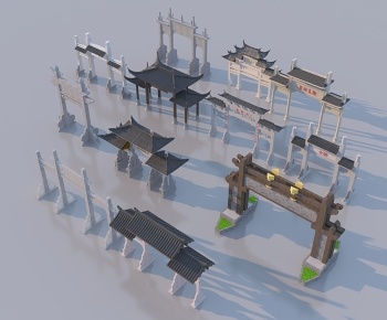 中式牌坊门楼组合3D模型