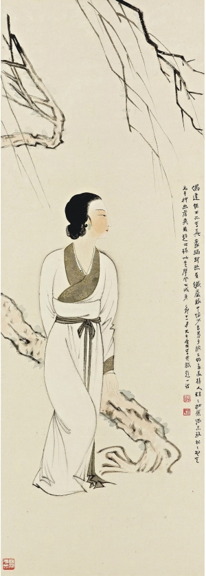 张大千国画水墨画 女子倚树盼郎君-ID:926039226