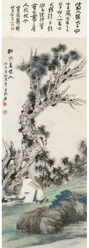 张大千国画水墨画 男子手持蒲扇 树下纳凉-ID:596832041