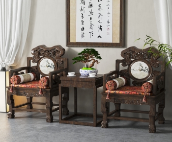 中式雕花休闲椅边几组合-ID:534794097