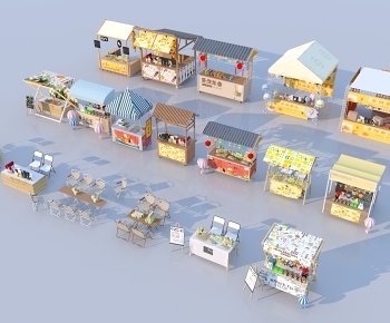 现代夜市集市摊位组合3D模型