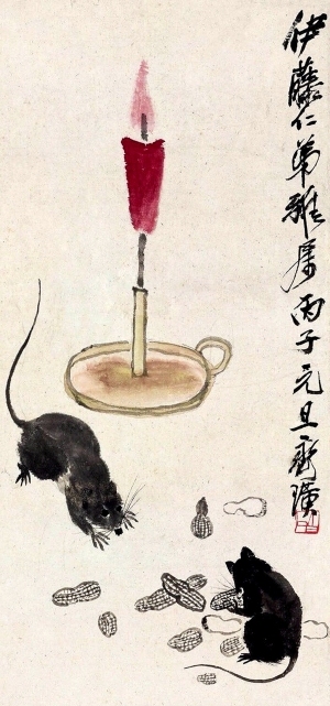 中式写意挂画小老鼠上灯台-ID:5787464