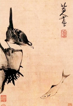 中式写意国画鸟盯鱼挂画-ID:5803336