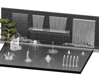 现代景墙水幕瀑布流水小品3D模型