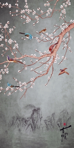 中式花鸟壁纸壁画-ID:5832188