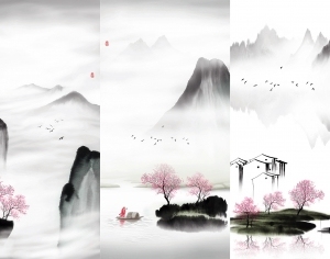 中式山水风景壁纸壁画-ID:5832617