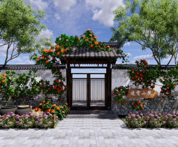 新中式庭院大门景墙围墙种植池-ID:256818065