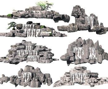 中式假山瀑布跌水水景3D模型