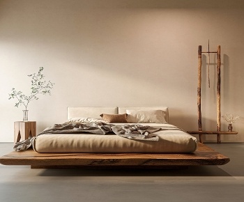 侘寂风实木双人床3D模型