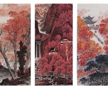 新中式红色山水风景图案挂画-ID:329485899