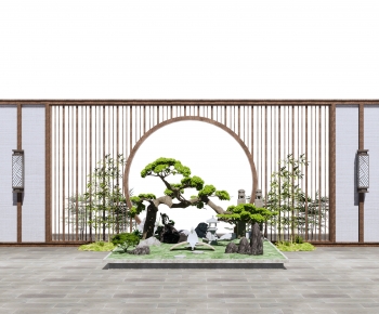 新中式格栅景墙造型松月亮门-ID:214806086