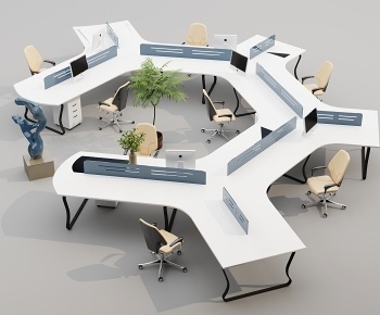 现代异型员工办公桌椅组合3D模型