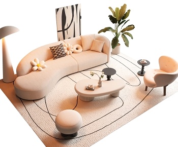 现代奶油风沙发茶几组合3D模型