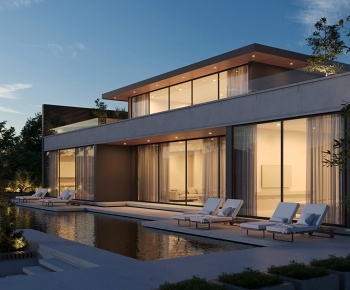现代独栋别墅 泳池3D模型