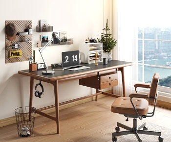 现代实木书桌椅组合3D模型
