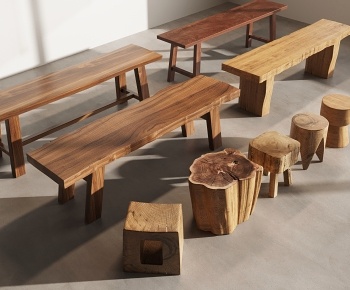 中式长条凳 圆凳组合3D模型