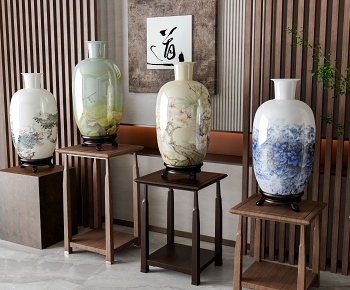 新中式瓷器花瓶摆件组合3D模型