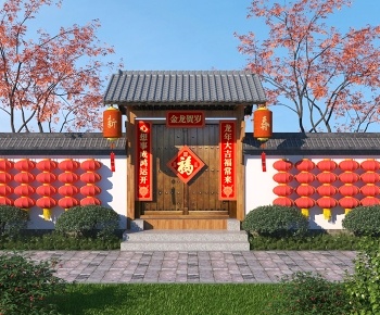 新中式乡村庭院门 灯笼3D模型