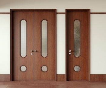 现代中古风实木玻璃单开双开房门3D模型