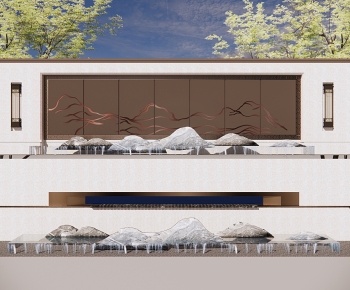 新中式景墙围墙水景3D模型