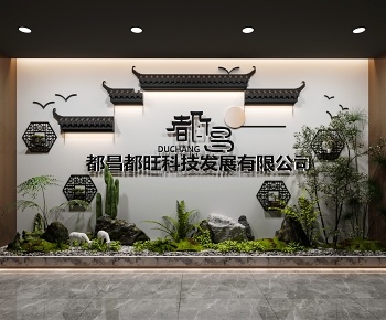 新中式公司背景墙3D模型