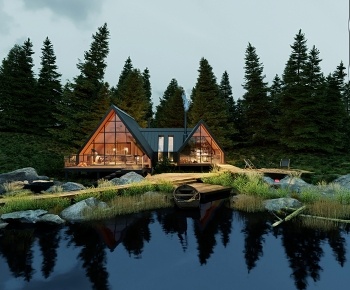 现代湖景独栋别墅 林中木屋3D模型