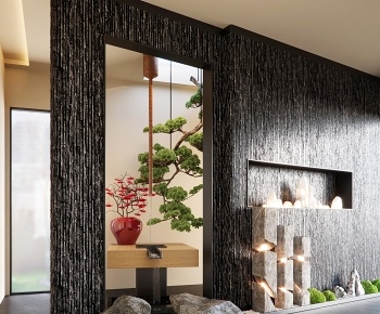 新中式茶室室内景墙叠水3D模型
