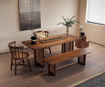 侘寂实木茶桌藤编椅组合3D模型
