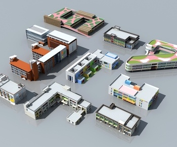现代学校幼儿园建筑鸟瞰3D模型