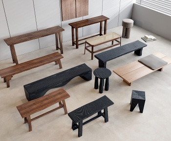现代中古风实木长凳3D模型