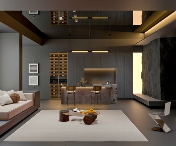 现代意式挑空别墅客厅 吧台区3D模型