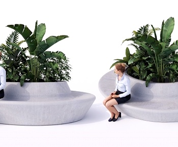 现代圆花坛树池座凳 植物灌木丛3D模型