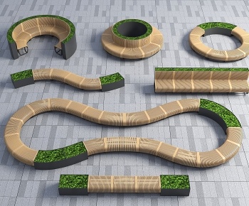 现代圆形弧形景观凳3D模型