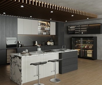 现代敞开式厨房 吧台区3D模型