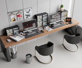 现代双人电脑书桌 一体机3D模型