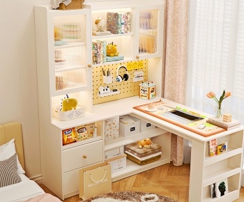 现代奶油风儿童书桌书柜一体3D模型