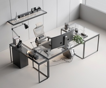 现代玻璃电脑台书桌椅3D模型