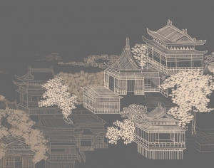 新中式线描楼阁壁画-ID:6271320