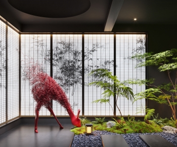 新中式红色鹿景观植物造景-ID:645935069