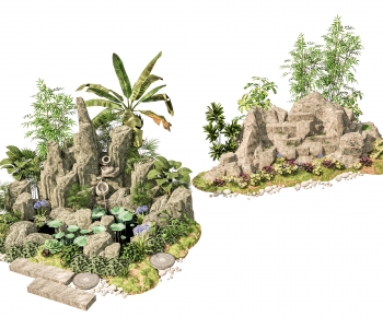新中式假山水景石头植物小品组合-ID:515086894