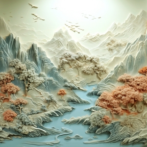 新中式浮雕山水装饰画-ID:462949374