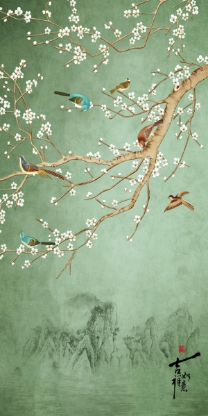 新中式花鸟壁纸壁画-ID:558960917
