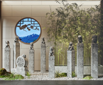 新中式室内石柱植物造景-ID:747749095