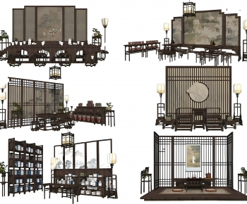 中式红木餐桌椅屏风隔断组合-ID:148555995