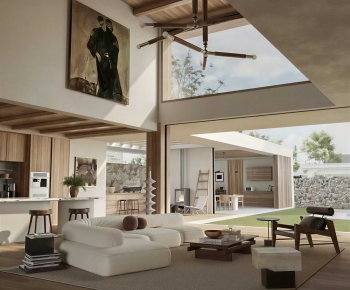 现代中古原木挑空别墅客餐厅-3112328