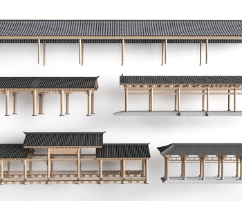 中式景观长廊廊架组合3D模型