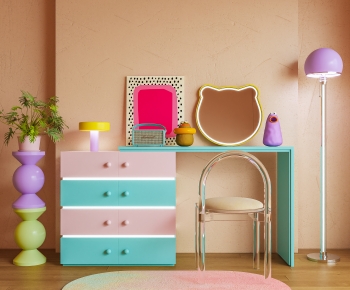 现代孟菲斯多巴胺梳妆台椅组合-3273678