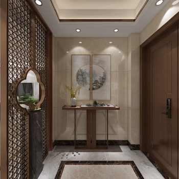 全景-新中式客厅餐厅玄关过道-模型ID【503937】