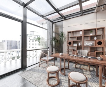 全景-新中式茶室玻璃阳光房3D模型